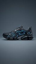 Photograph a high-tech fabric sneaker centered on a minimalistic Slate Gray background, highlighting its innovative...