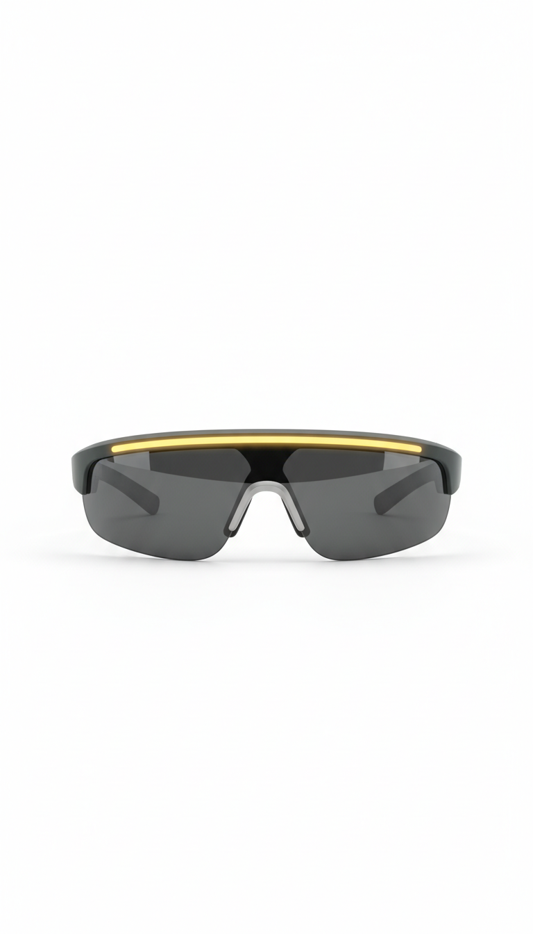 Fitness tracking eyewear, a 3/4 angle shot will effectively display the eyewear's design and technological features. The...