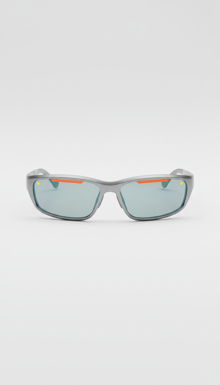 VisioraX Titan Smart HUD Glasses, Hero product shots at 3/4 angle on matte neutral backgrounds (Cloud White or deep...