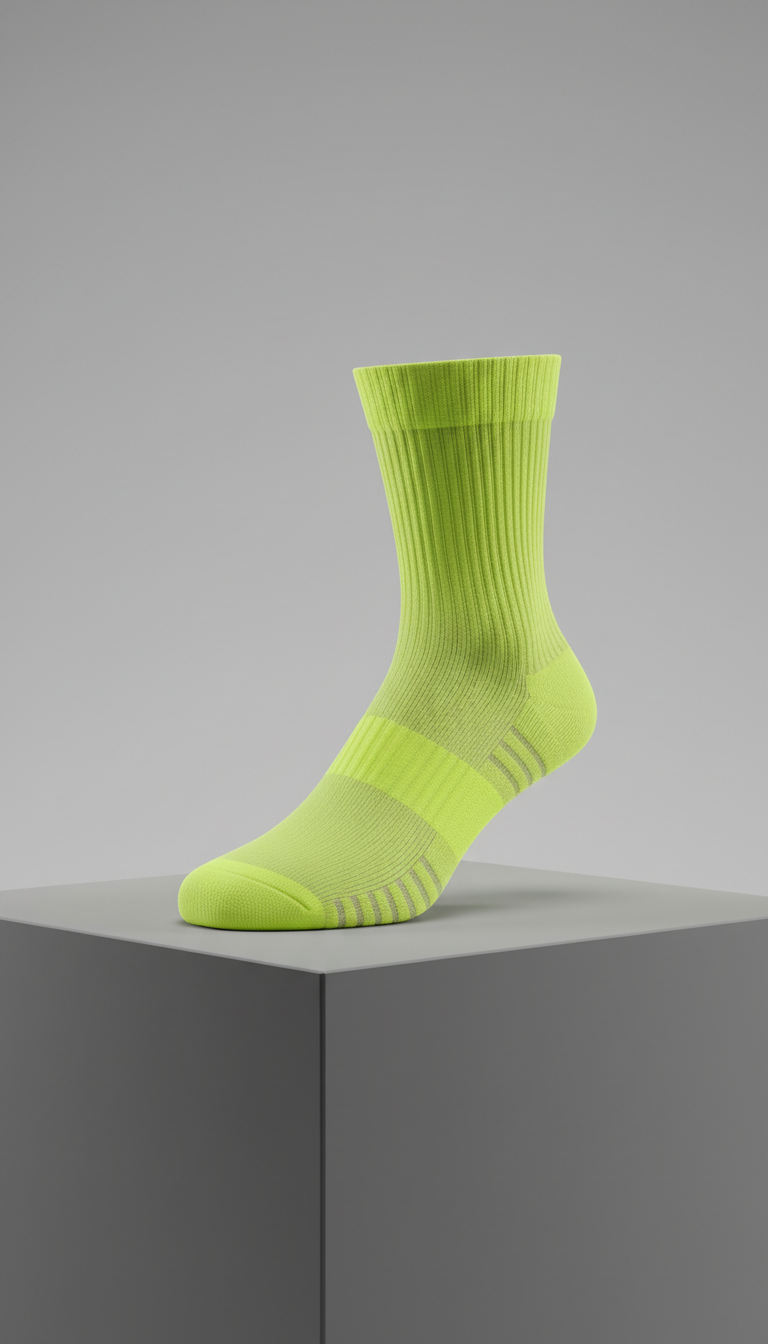 Neon Yellow Accent Socks, Three-quarter angle as default — products arranged on matte city-inspired plinths or hung on...