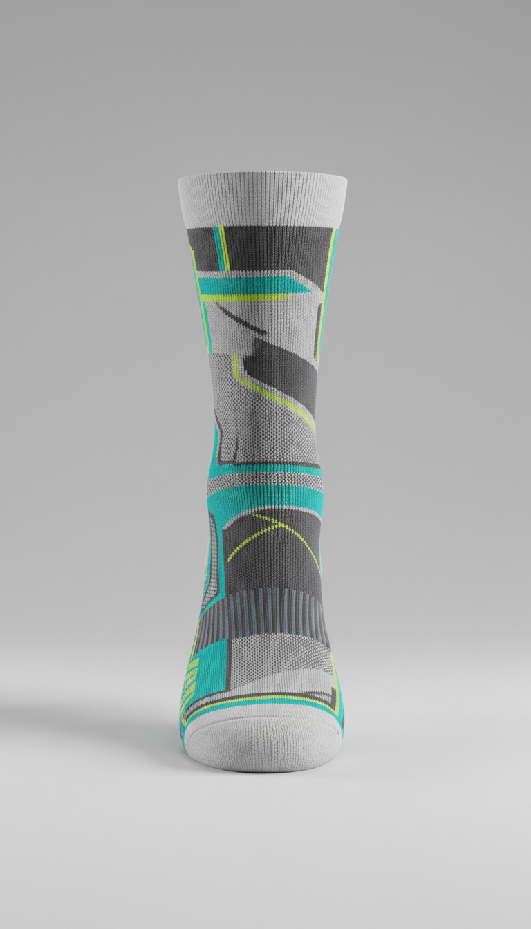 Compression performance socks, Default angle is 3/4 front for shoes and accessories, a close-up of engineered mesh against...
