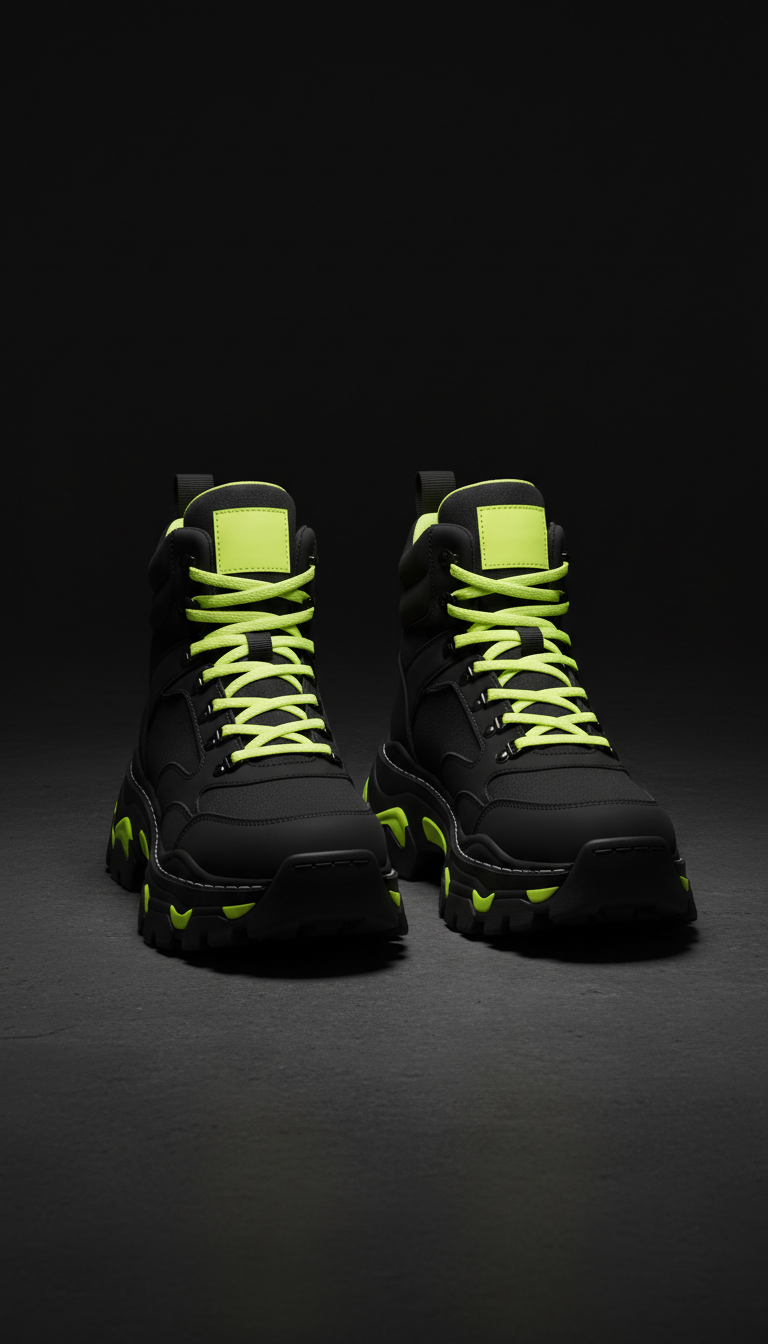 Chunky black streetwear boots with volt yellow accents, 3/4 angle product shots against deep matte black seamless or...