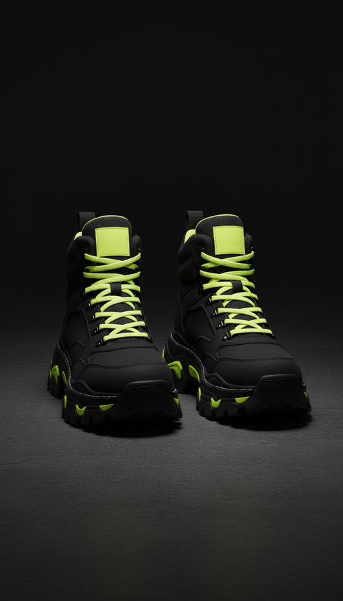 Chunky black streetwear boots with volt yellow accents, 3/4 angle product shots against deep matte black seamless or...