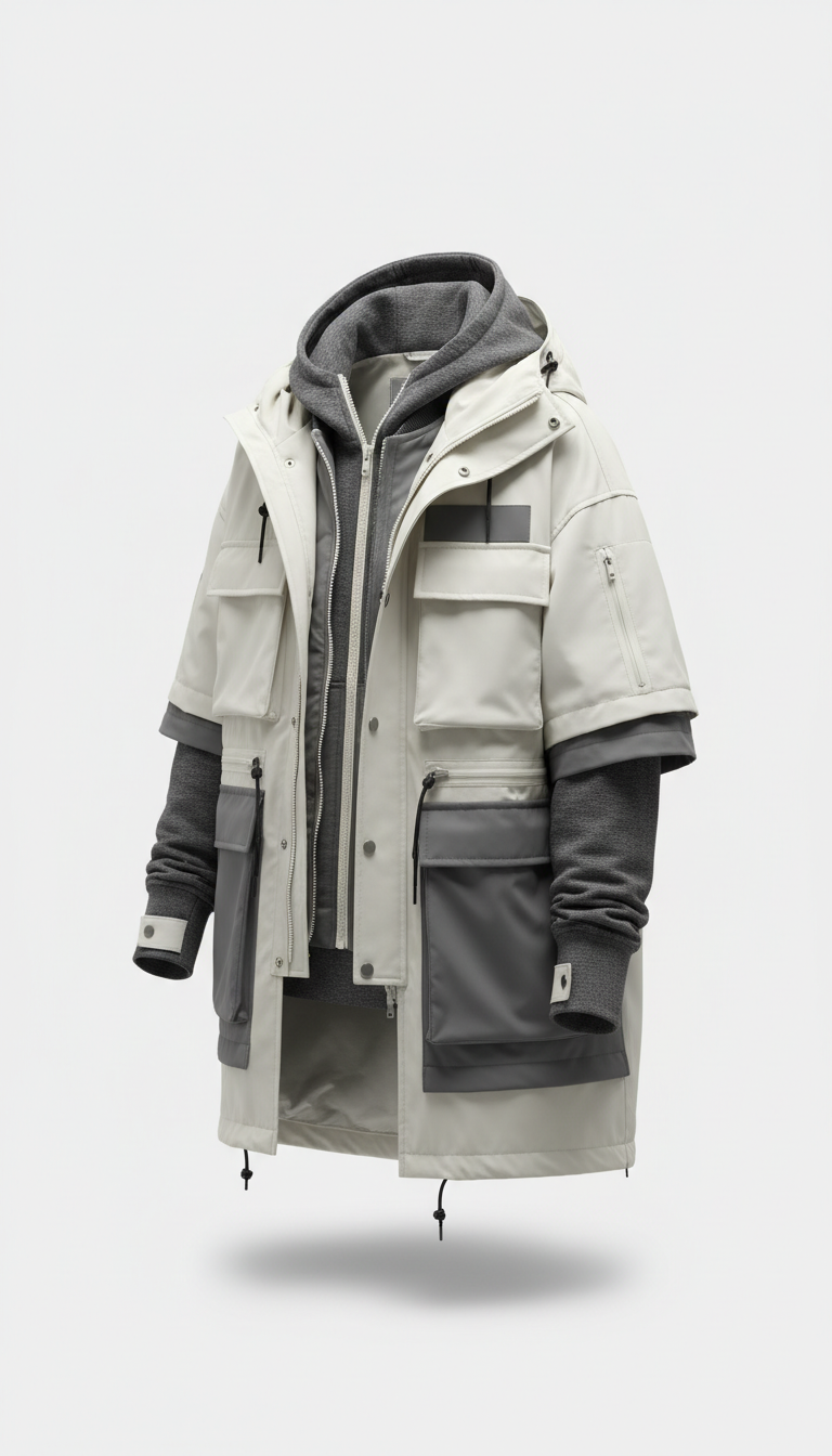 Layered streetwear jacket, reflecting the understated elegance of the apparel., perfectly centered horizontally and...