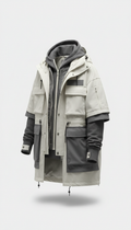 Layered streetwear jacket, reflecting the understated elegance of the apparel., perfectly centered horizontally and...