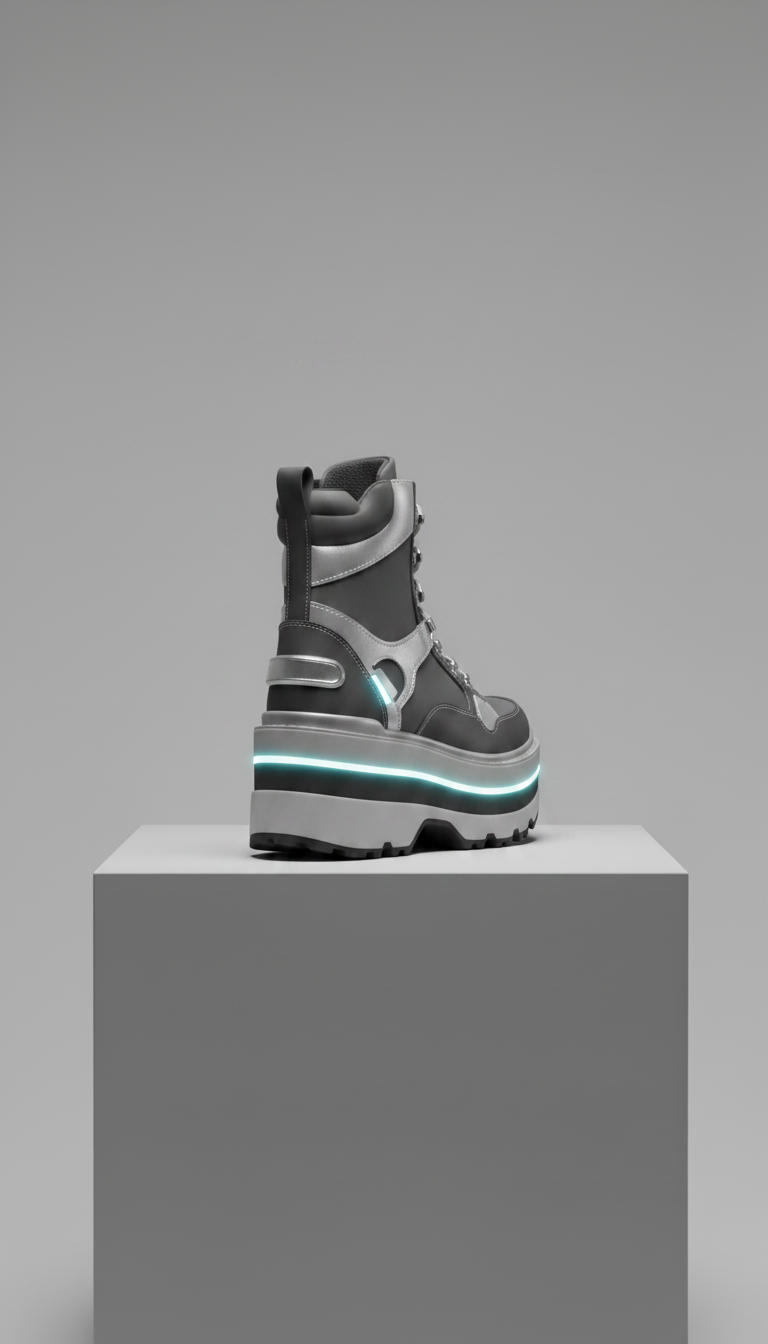 Alternate angle view of Celeste Float platform boot with silver accents