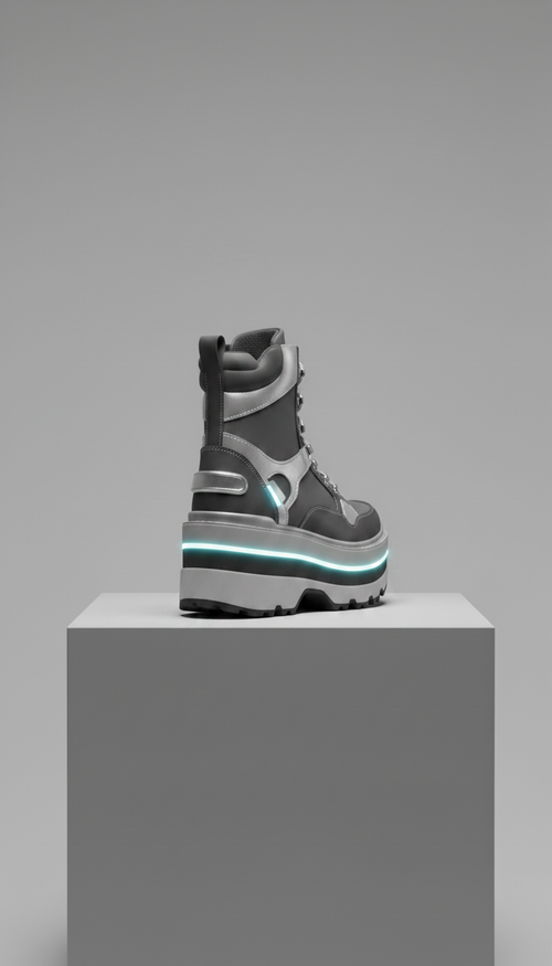Alternate angle view of Celeste Float platform boot with silver accents