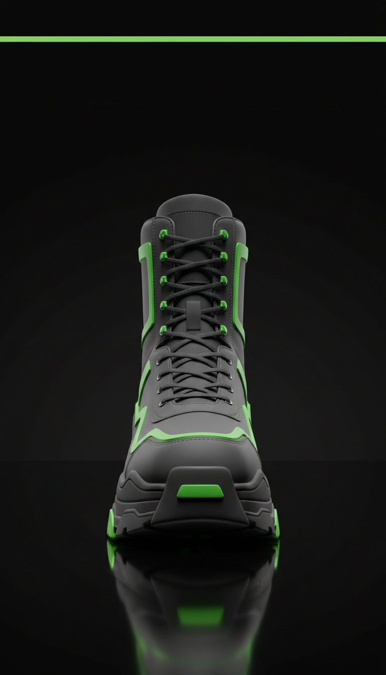 Electric green-accented statement boots, 3/4 angle product shots on reflective black or chrome base for...