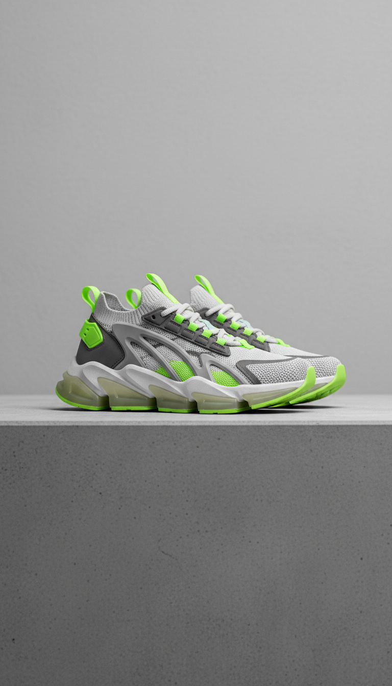 A pair of contemporary urban footwear is centered on a neutral concrete surface. The shoes are illuminated with even,...