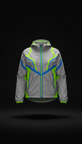 A perfectly centered shot of an IRATHOS reflective running jacket, showcasing its sleek design and reflective details. The...