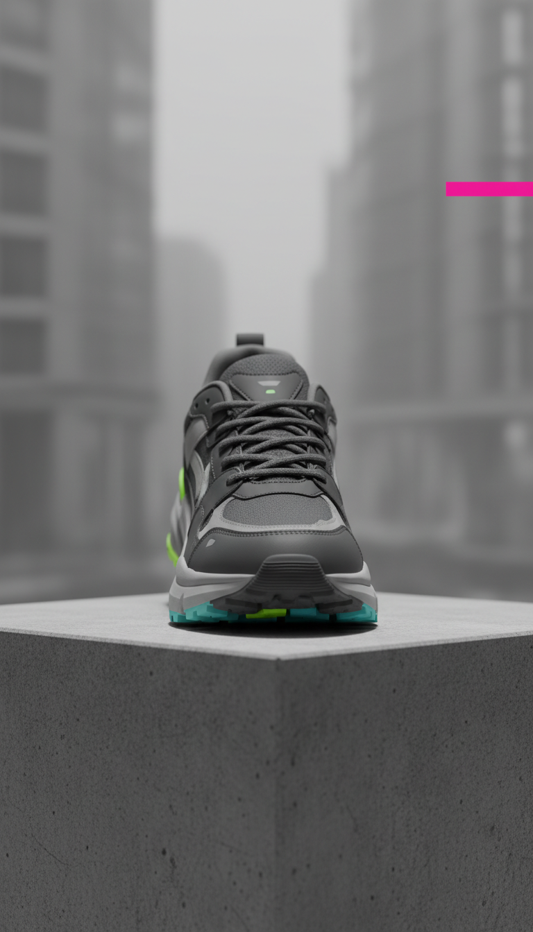 Fog Edition Monochrome sneaker, Heroic three-quarter angle at slightly elevated height (just above shoe), set on modular...