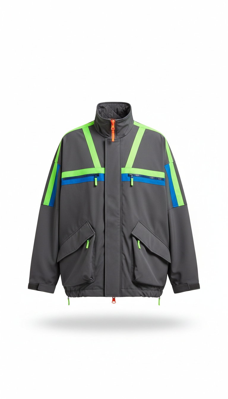 Minimalist streetwear jacket centered against a Pure White backdrop. The jacket's technical fabric and neon accents are...